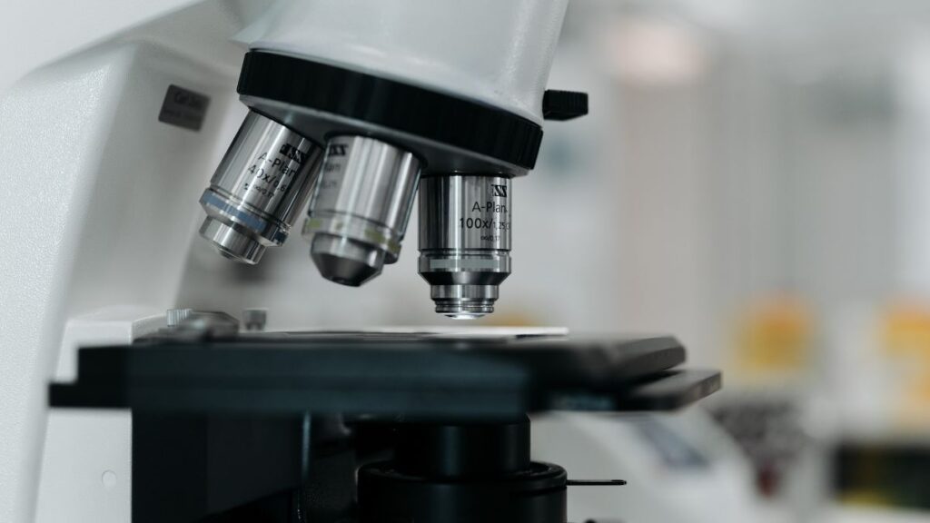 A close-up of a laboratory microscope.