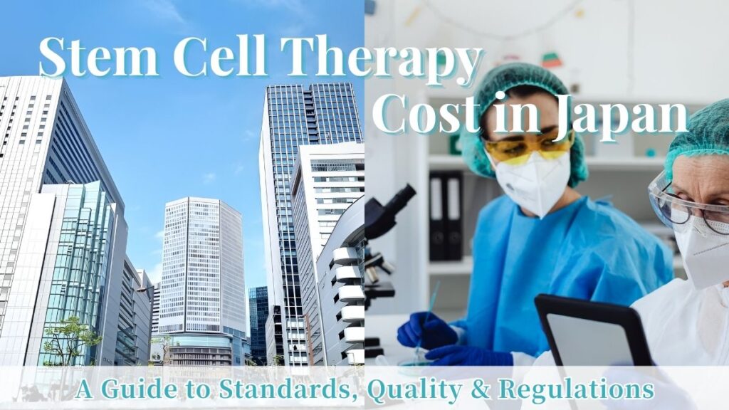 Title graphic for 'Stem Cell Therapy Cost in Japan' with images of laboratory researchers and urban skyscrapers.
