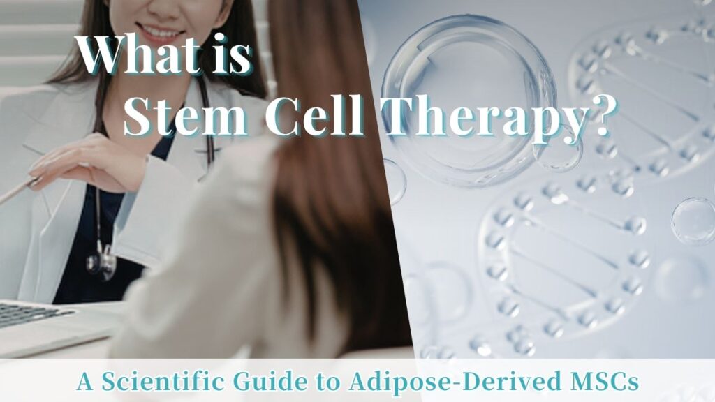 An introductory guide image for stem cell therapy and adipose-derived MSCs featuring a doctor and cell cultures.